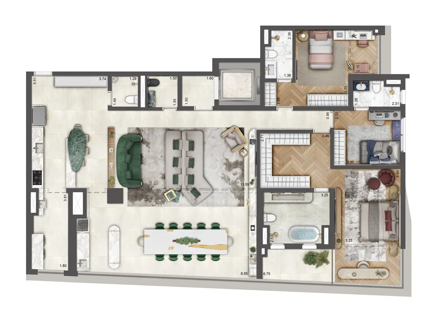 Planta 199m² - 3 Suítes